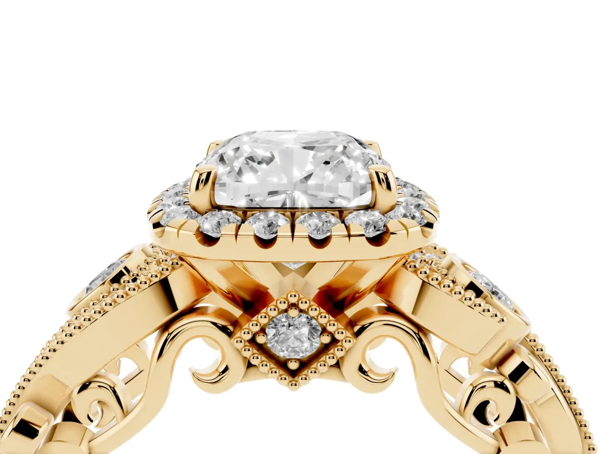 Cushion Cut Diamond Halo Ring with Milgrain Pavé Band and Four-Prong Setting Yellow gold
