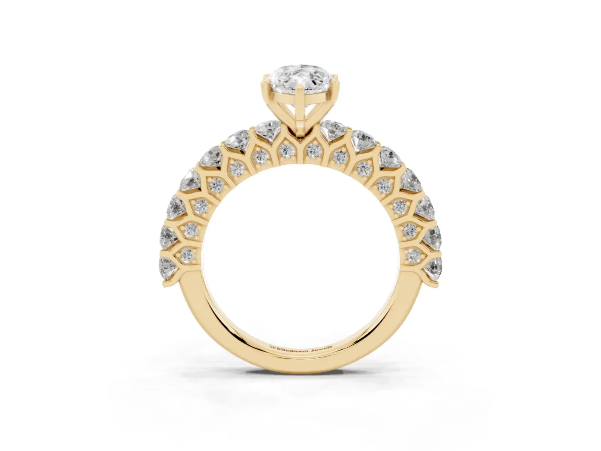 Marquise Cut Diamond Solitaire Ring with Shared Prong Pavé Band and Four-Prong Setting Yellow gold