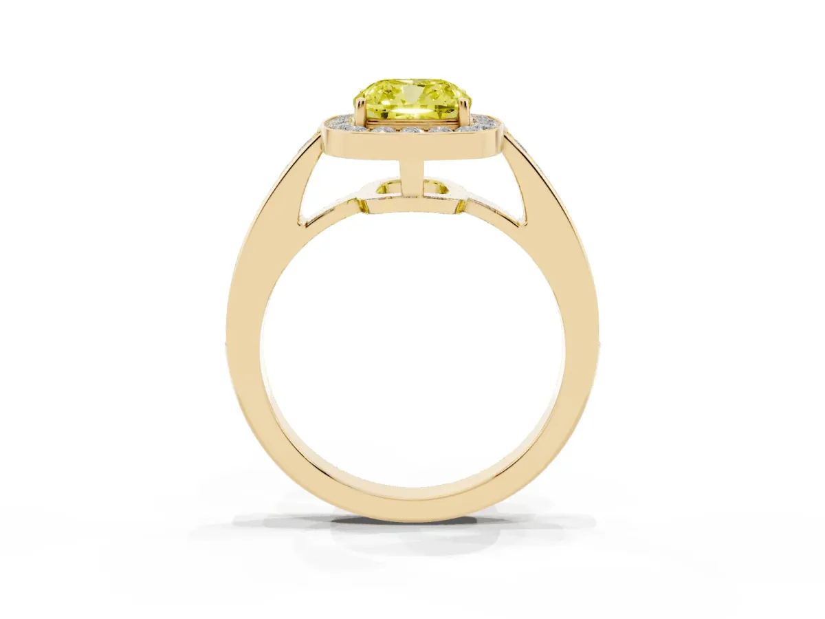 Fancy Yellow Cushion Cut Halo Pavé Diamond Engagement Ring with Bezel Setting Yellow gold