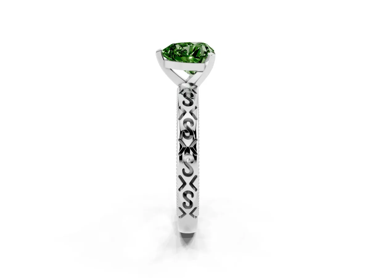 Fancy Green Heart Cut Solitaire Engagement Ring with Scrollwork Band and Four-Prong Setting Silver