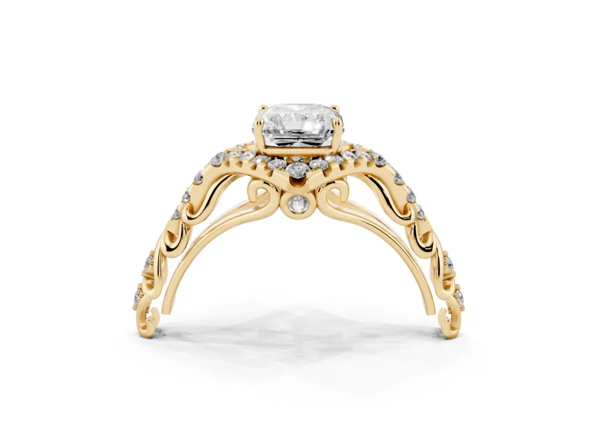 Radiant Cut Diamond Solitaire Ring with Hidden Halo and Pavé Band Yellow gold
