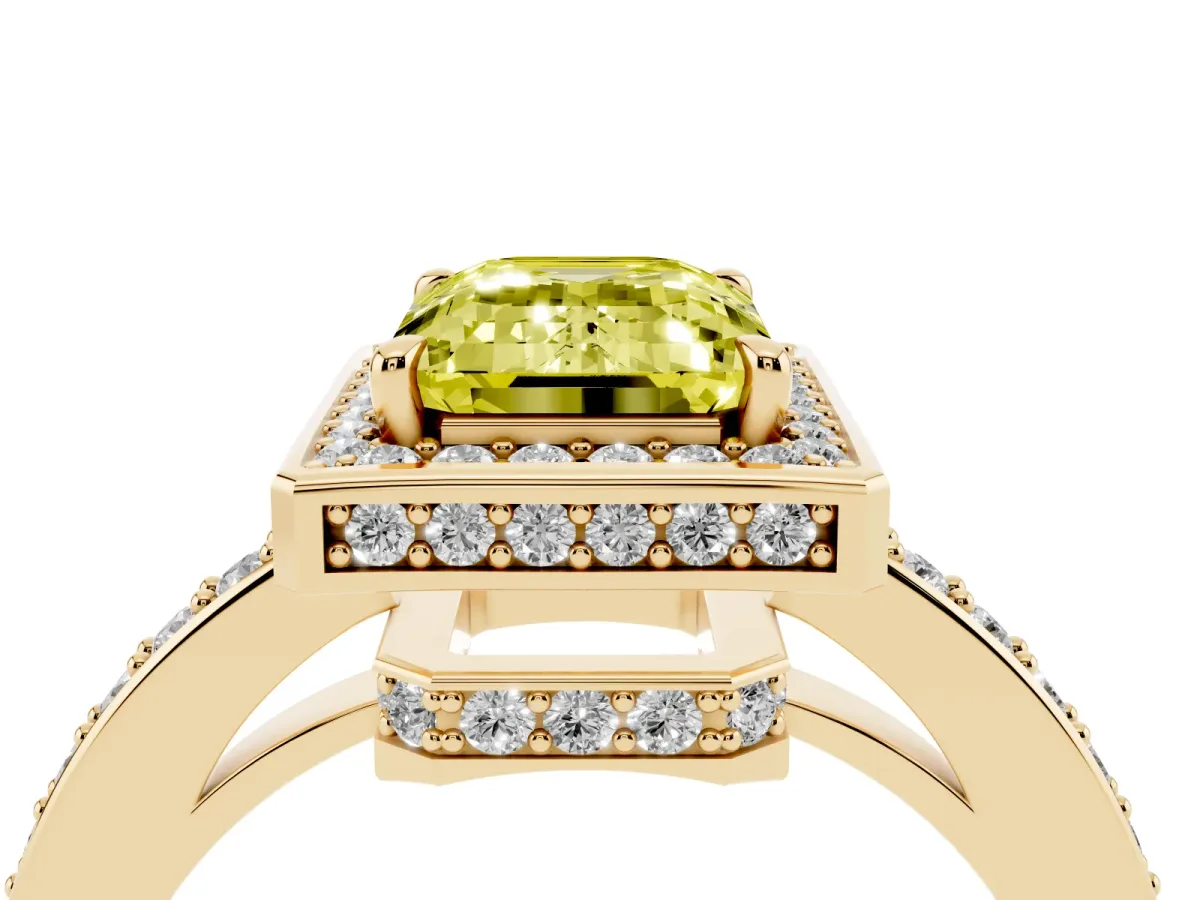 Fancy Yellow Emerald Cut Halo Pave Band Solitaire Ring with Prong Setting Yellow gold