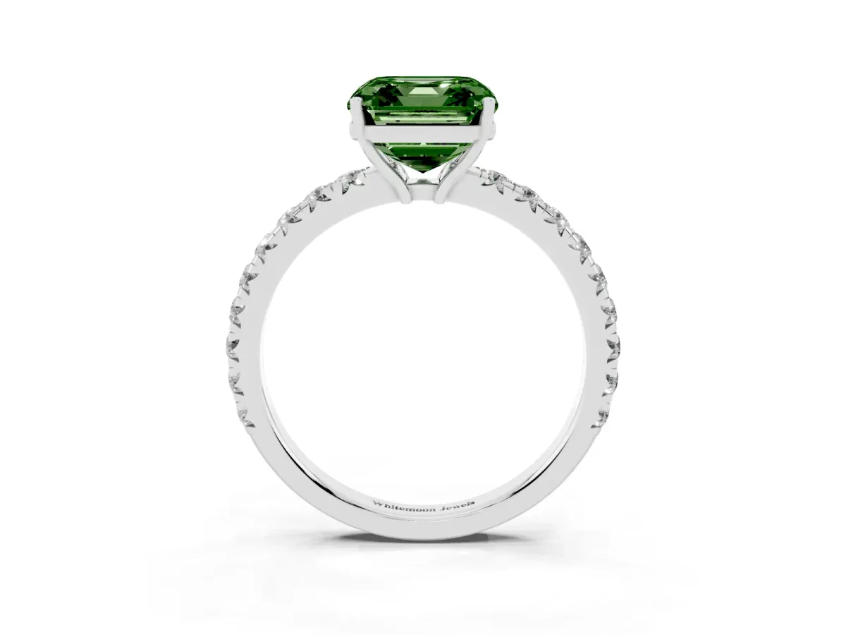 Fancy Green Asscher Cut Diamond Pavé Solitaire Engagement Ring with Four-Prong Setting Silver