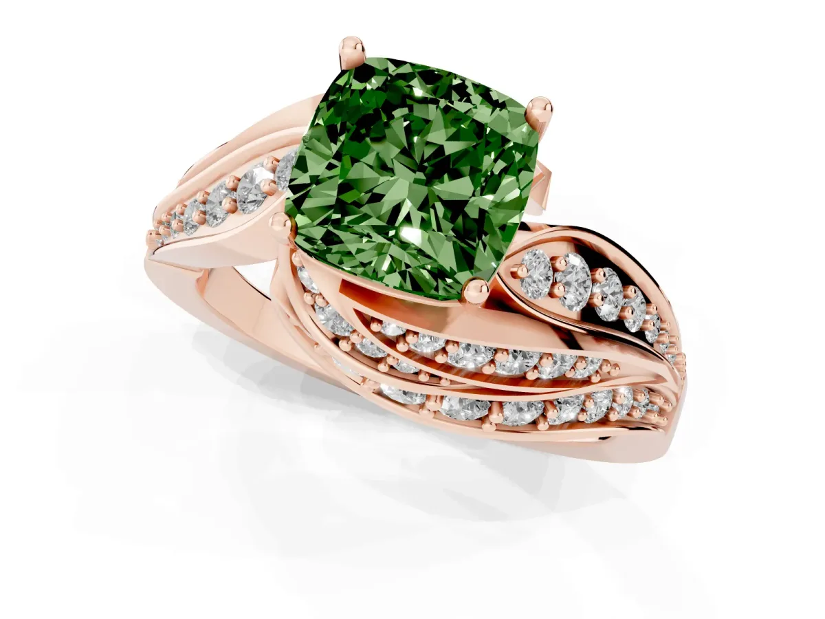 Fancy Green Cushion Cut Diamond Solitaire Ring with Prong Setting and Twisted Pavé Band Rose gold