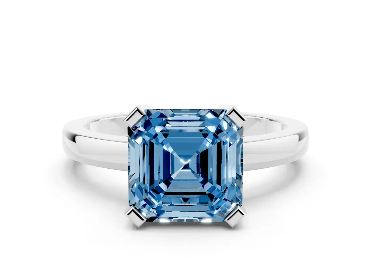 Fancy Blue Asscher Cut Cut Solitaire Ring with Four-Prong Setting and Classic Band Silver