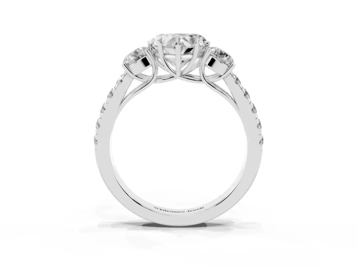 Heart Cut Cut Diamond Three-Stone Ring with Round Side Stones and Pavé Band Silver