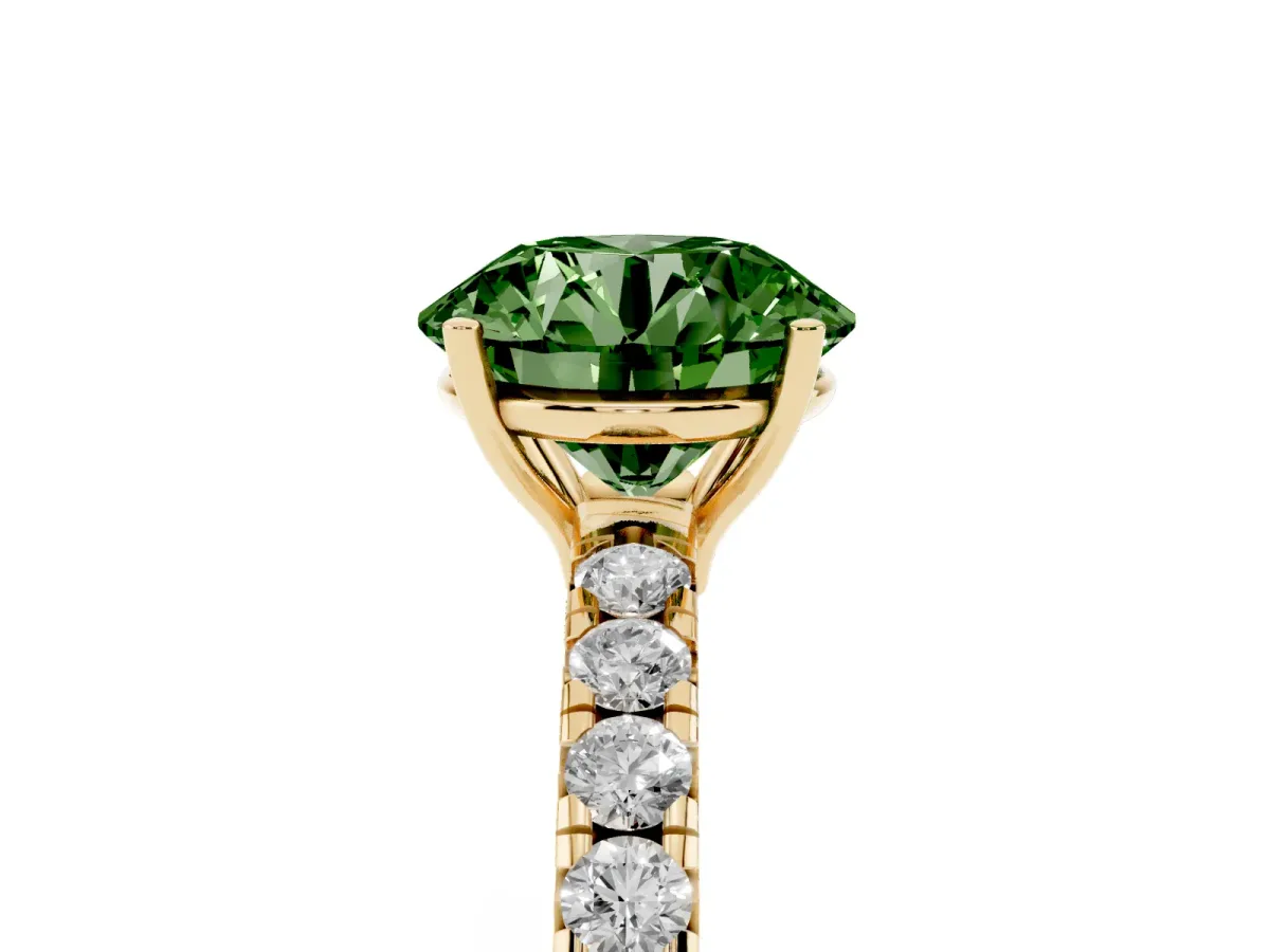 Fancy Green Round Cut Diamond Pavé Solitaire Engagement Ring with Four-Prong Setting Yellow gold