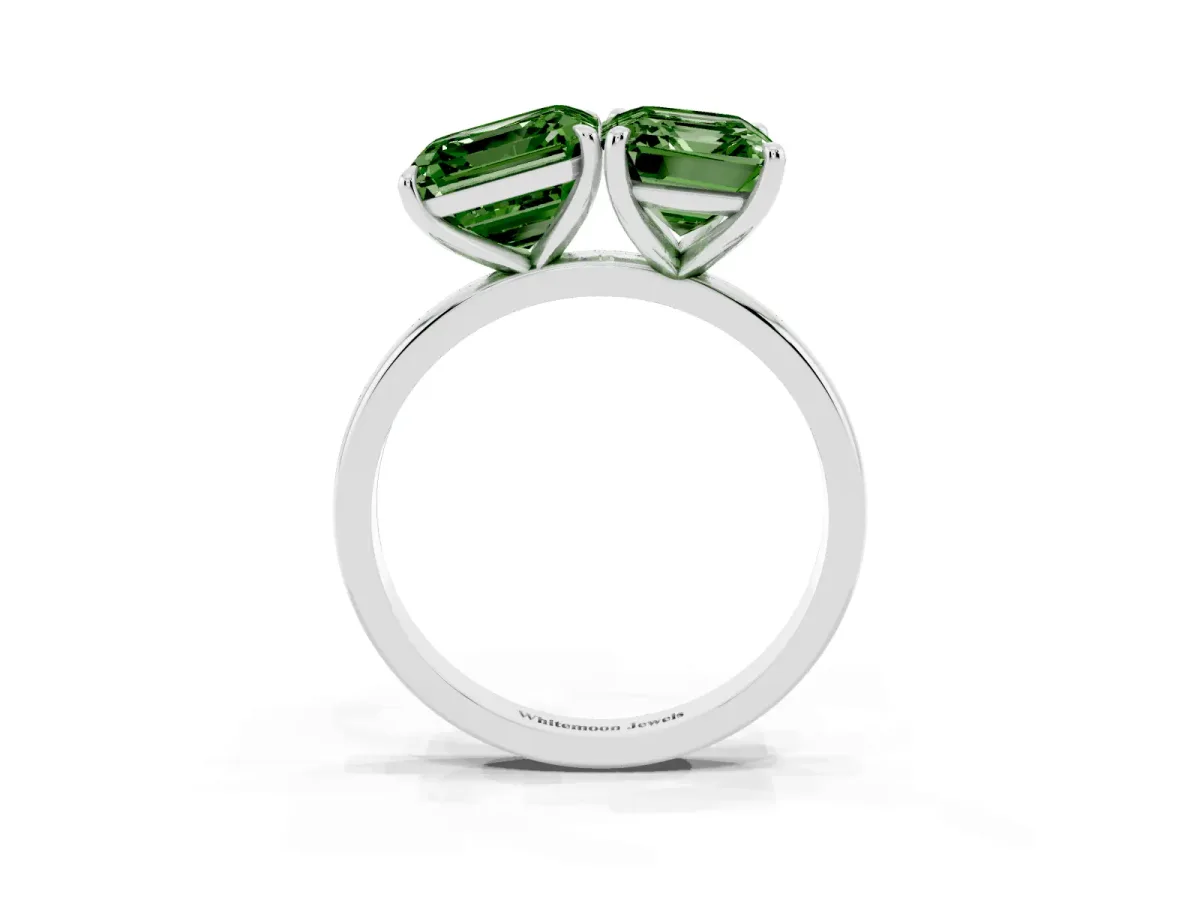 Fancy Green Asscher Cut and Emerald Cut Toi Moi Ring with Prong Setting Platinum