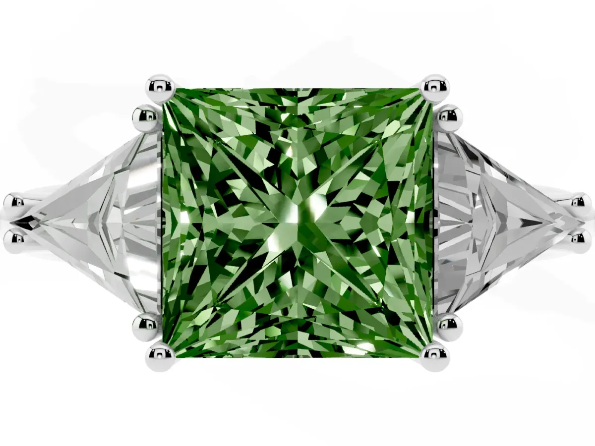 Fancy Green Three-Stone Princess Cut Diamond Engagement Ring with Trillion Side Stones and Prong Setting Platinum