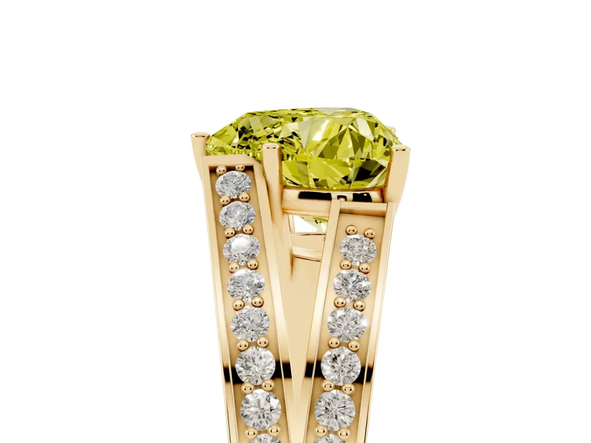 Fancy Yellow Heart Cut Diamond Split Shank Ring with Pavé Band and Four-Prong Setting Yellow gold