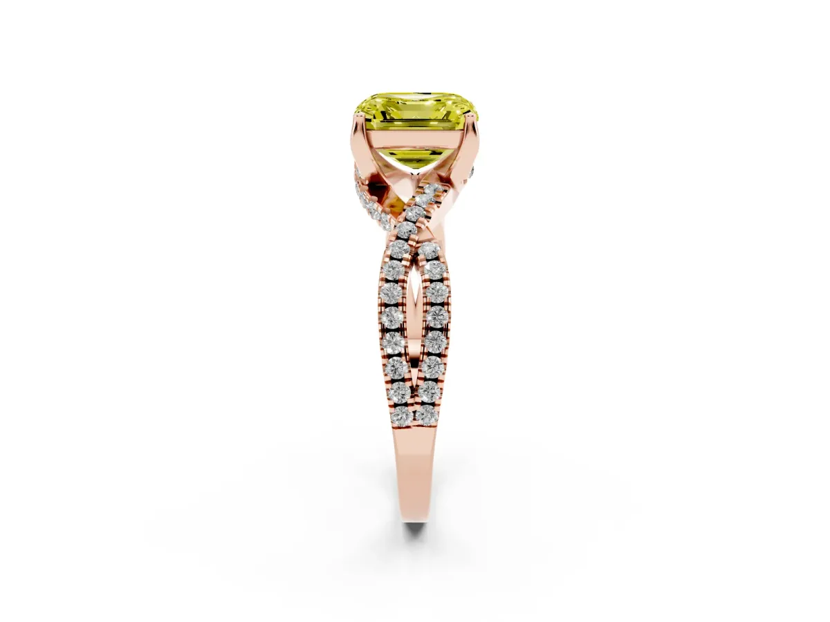 Fancy Yellow Asscher Cut Solitaire Twist Pave Diamond Engagement Ring with Prong Setting Rose gold
