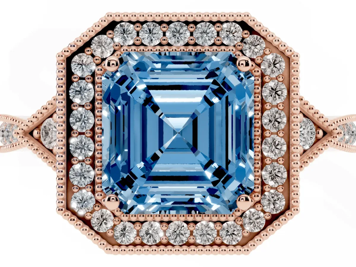 Fancy Blue Asscher Cut Halo Round Diamond Milgrain Pave Engagement Ring Rose gold