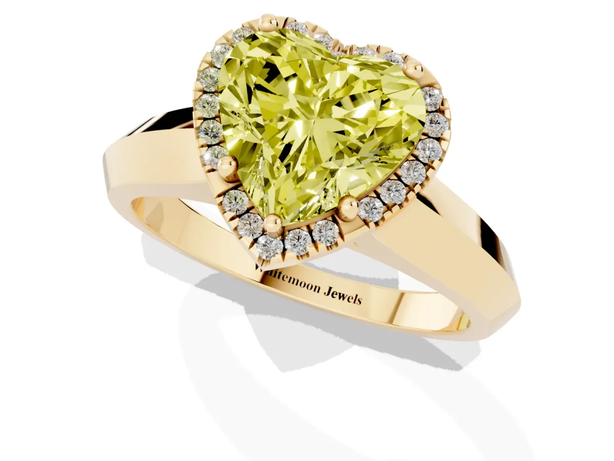 Fancy Yellow Heart Cut Halo Diamond Ring with Cathedral Band and Four-Prong Setting Yellow gold