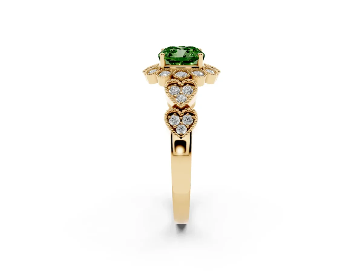 Fancy Green Cushion Cut Brilliant Milgrain Pave Heart Band Solitaire Ring Yellow gold