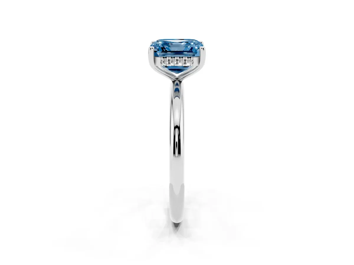 Fancy Blue Asscher Cut Cut Solitaire Engagement Ring with Four-Prong Setting and Classic Band Silver