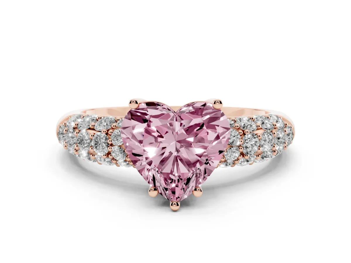 Fancy Pink Heart Cut Diamond Pavé Band Solitaire Ring with Four-Prong Setting Rose gold