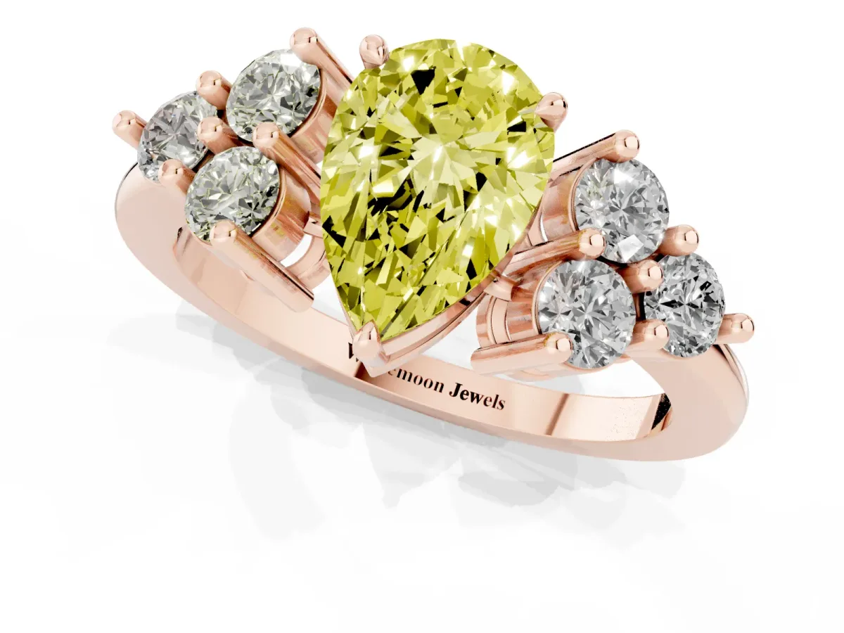 Fancy Yellow Pear Cut Brilliant Diamond Cluster Accent Solitaire Ring with Prong Setting Rose gold