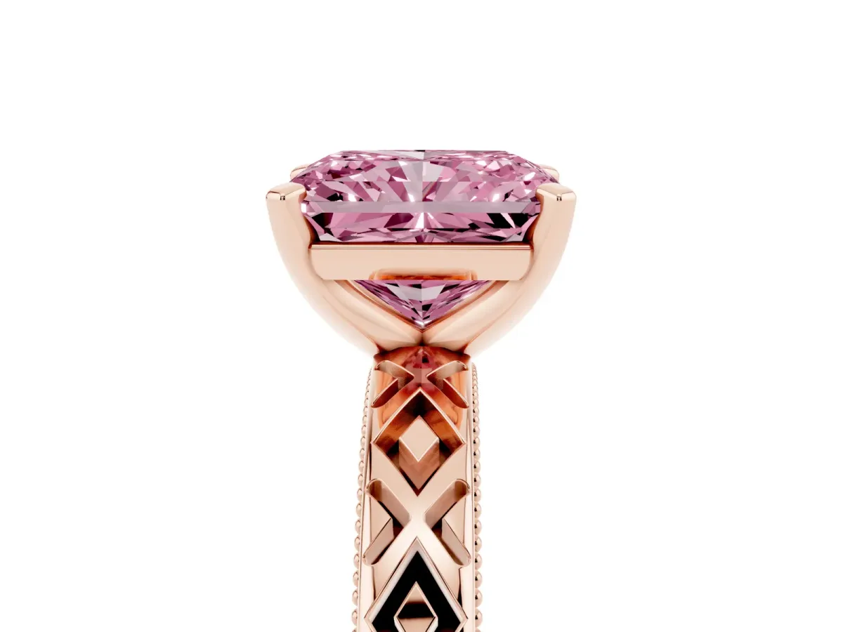Fancy Pink Radiant Cut Solitaire Diamond Ring with Milgrain and Black Enamel X Pattern Band Rose gold