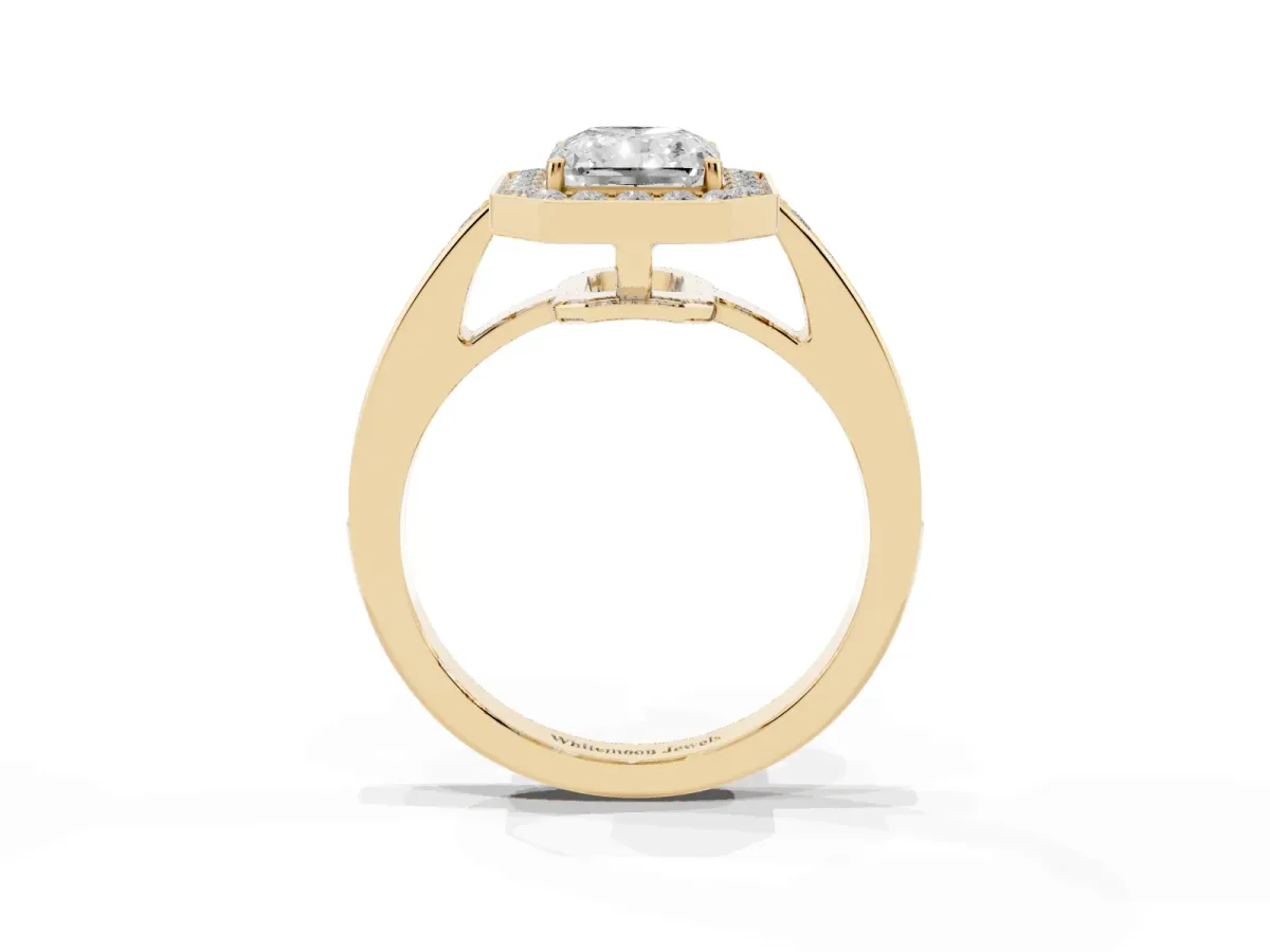 Radiant Cut Halo Pavé Diamond Engagement Ring with Bezel Setting Yellow gold