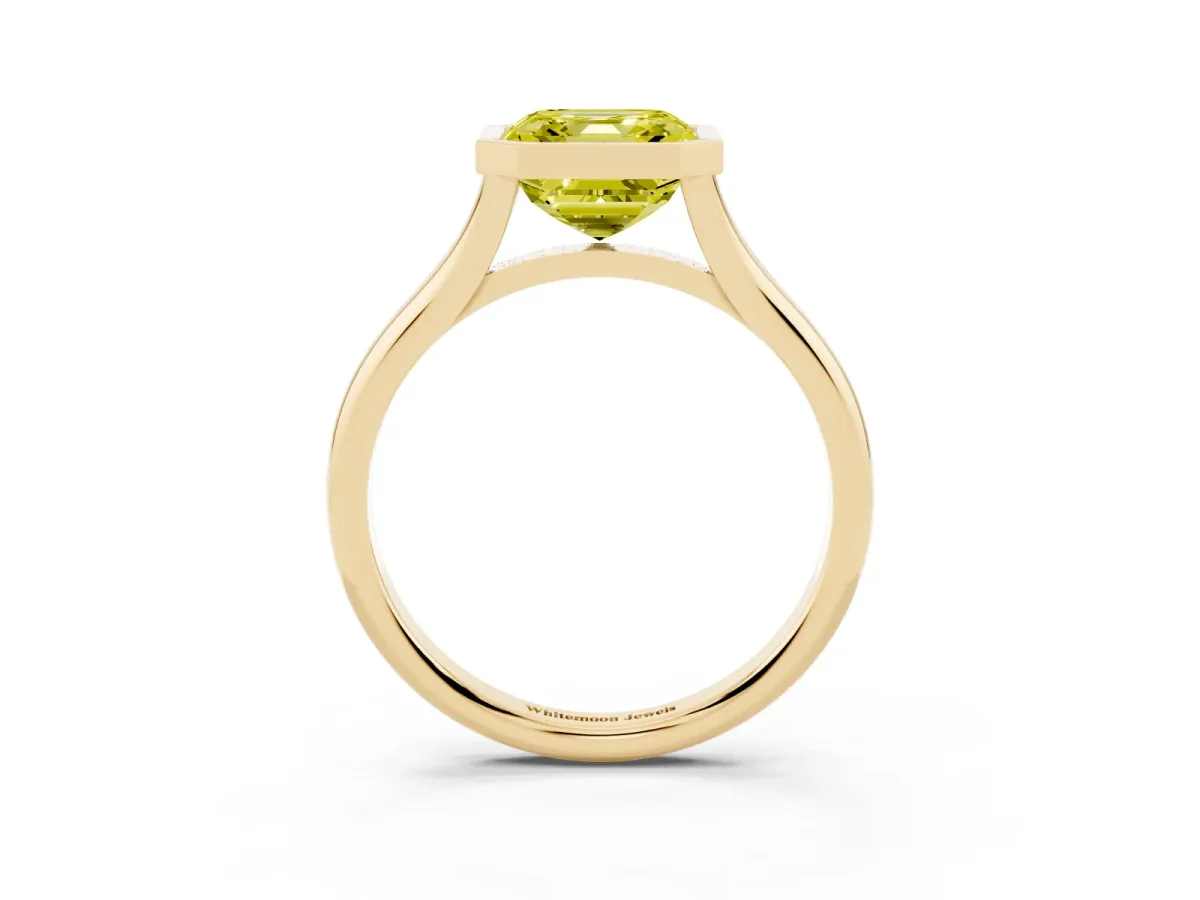 Fancy Yellow Bezel Set Asscher Cut Cut Solitaire Ring with Tapered Band Yellow gold