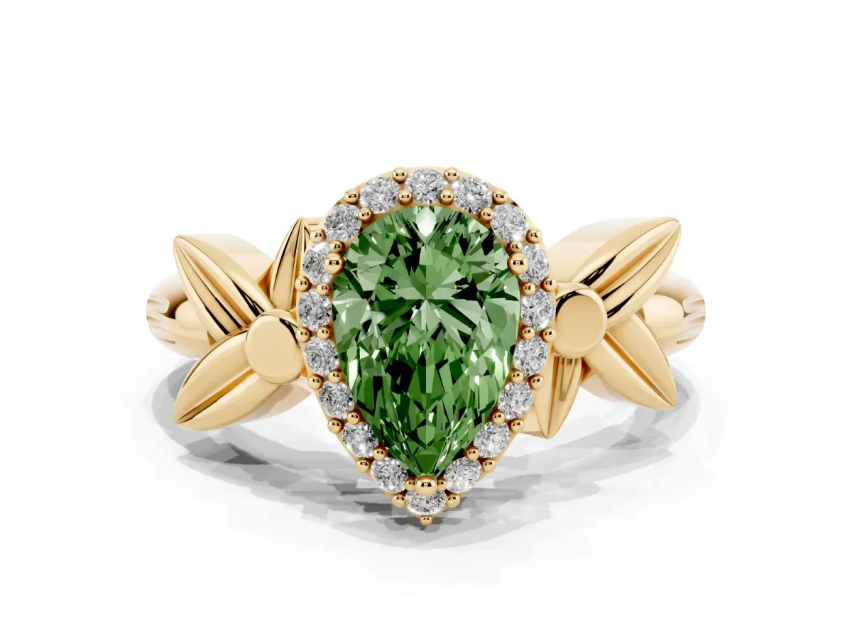 Fancy Green Pear Cut Halo Diamond Floral Band with Four-Prong Setting Yellow gold
