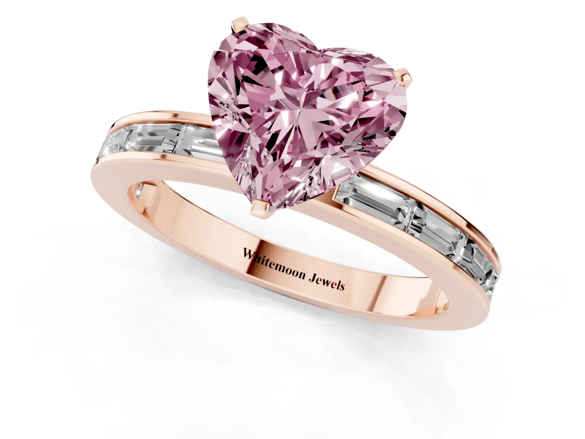 Fancy Pink Heart Cut Solitaire Diamond Ring with Channel-Set Baguette Band and Four-Prong Setting Rose gold