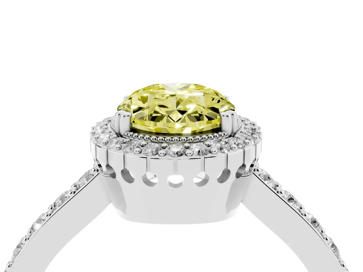 Fancy Yellow Oval Cut Cut Diamond Halo Engagement Ring with Milgrain Detail and Pavé Band Silver
