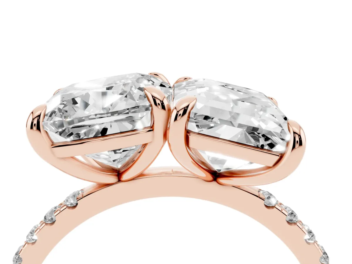 Cushion and Emerald Toi Moi Ring with Prong Setting and Micro Pave Band Rose gold