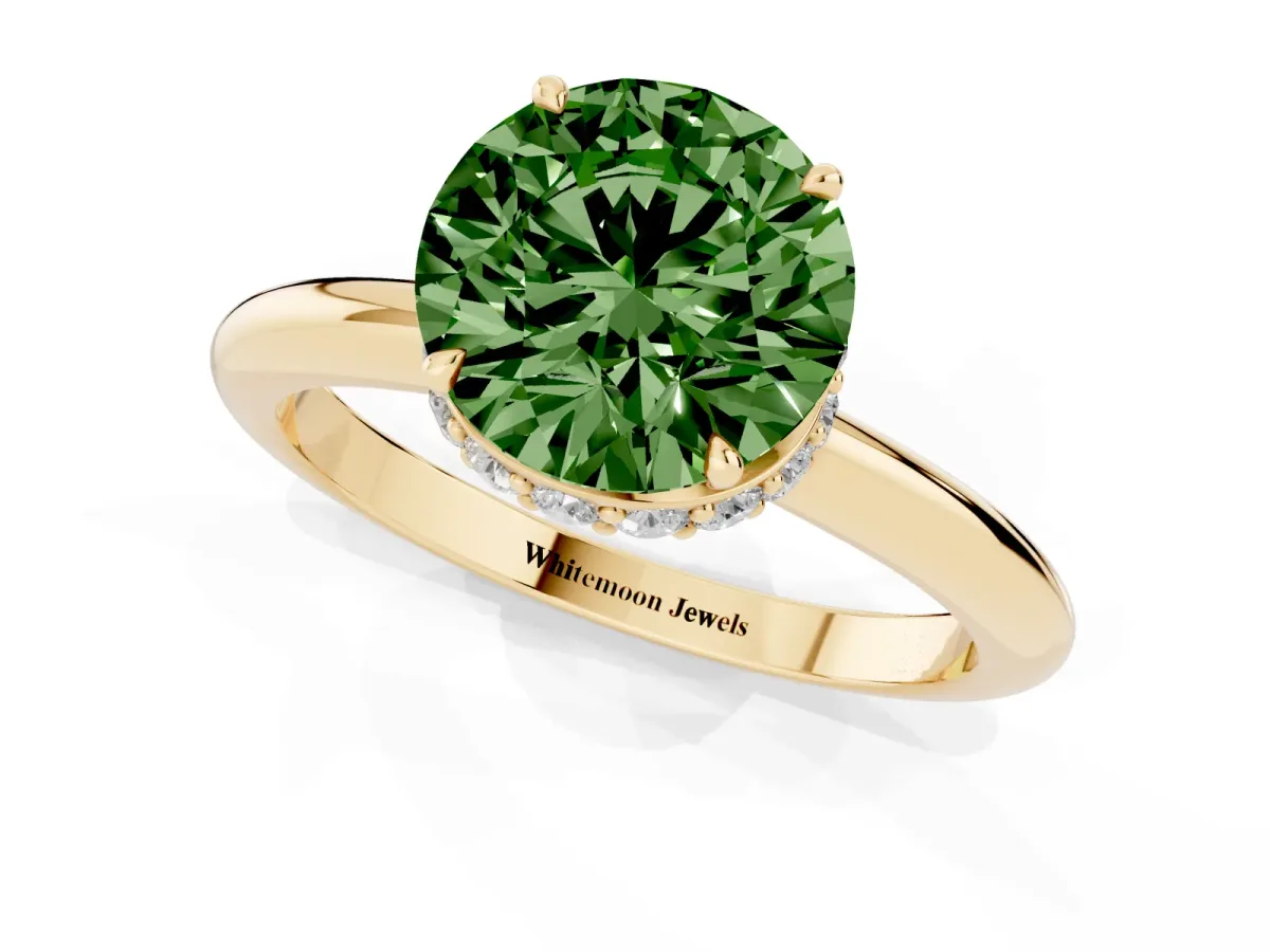Fancy Green Round Cut Brilliant Solitaire Engagement Ring with Six-Prong Setting and Classic Band Yellow gold