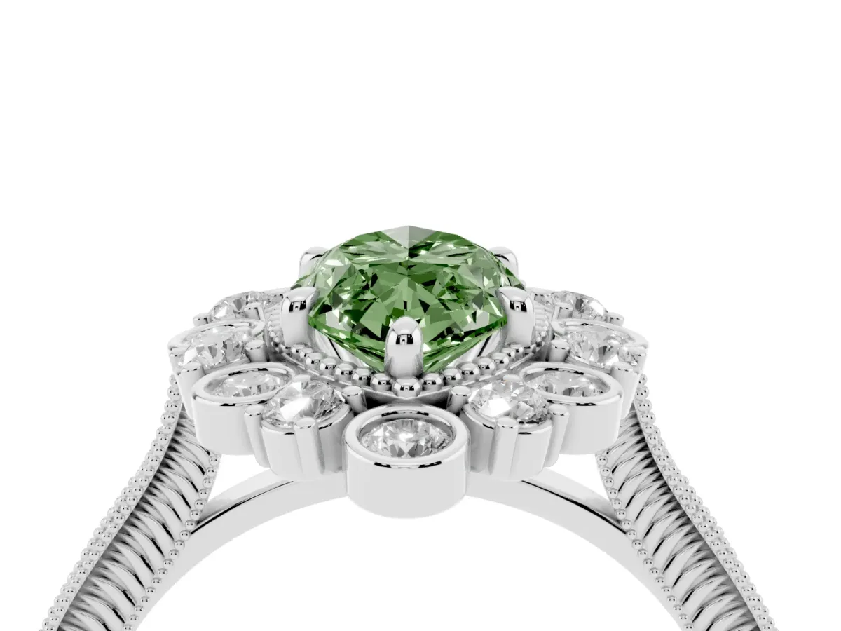 Fancy Green Marquise Cut Halo Milgrain Pave Diamond Ring with Four-Prong Setting White gold