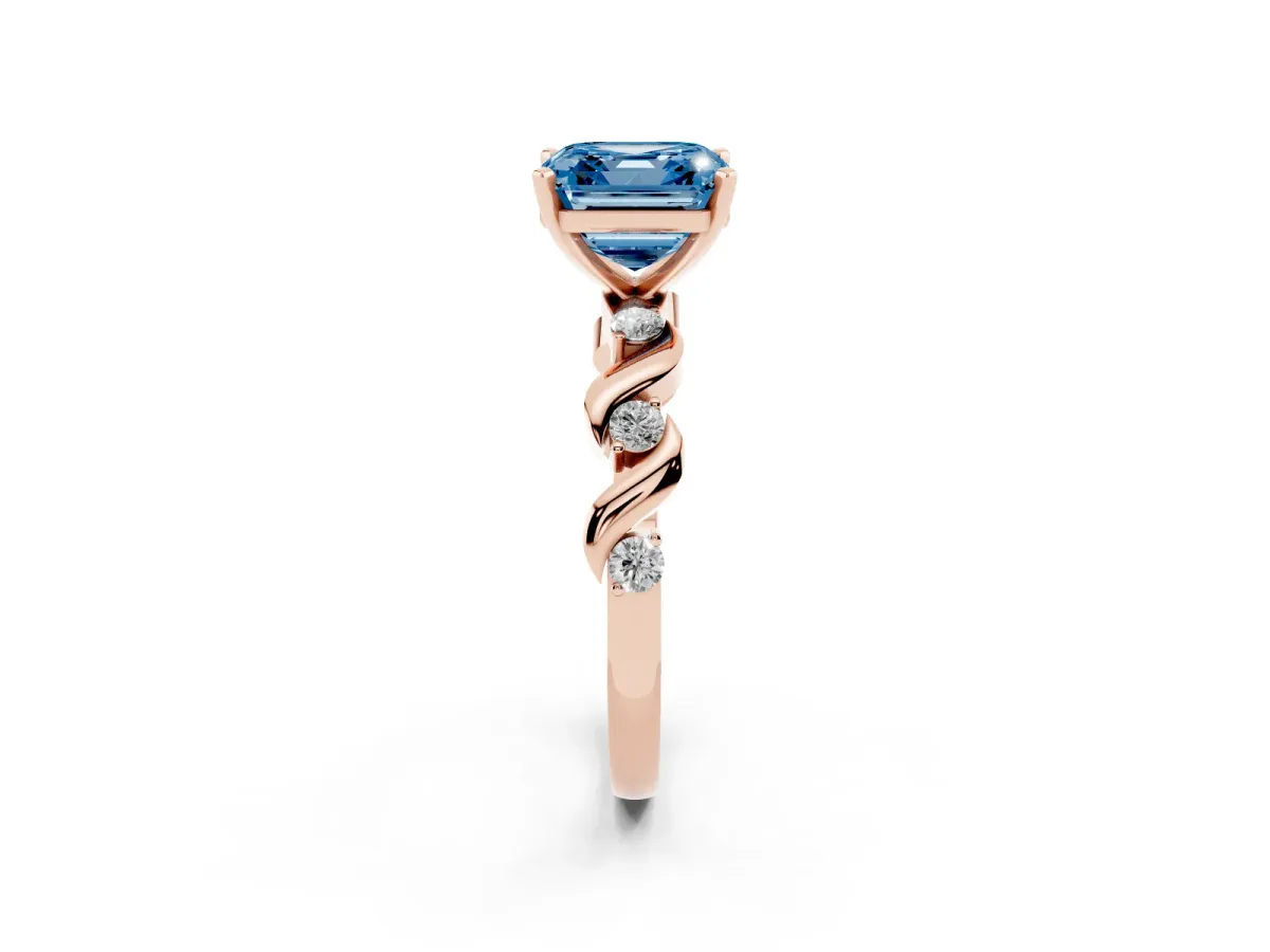 Fancy Blue Asscher Cut Diamond Solitaire Twisted Band with Round Accents and Prong Setting Rose gold