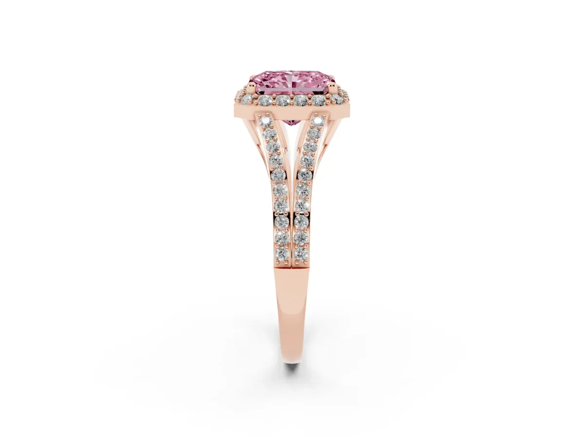 Fancy Pink Radiant Cut Halo Split Shank Diamond Ring with Prong Setting Rose gold
