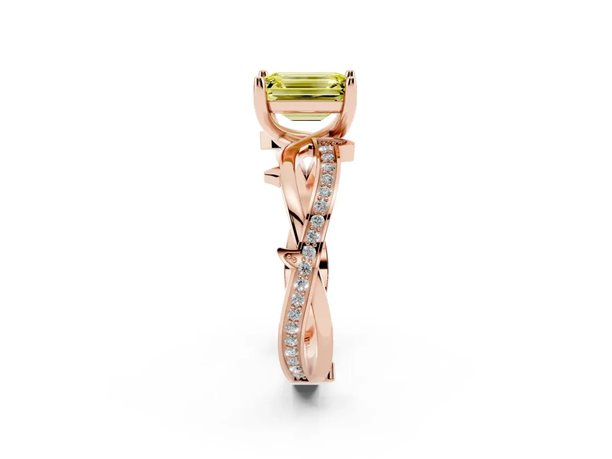 Fancy Yellow Emerald Cut Solitaire Twist Band with Pavé Accents and Four-Prong Setting Rose gold