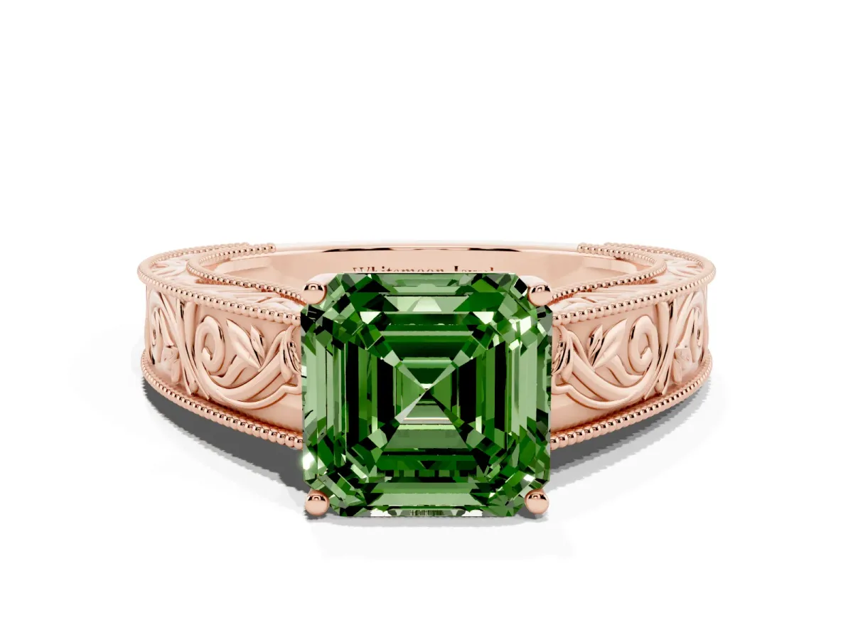 Fancy Green Asscher Cut Diamond Solitaire Ring with Engraved Band and Four-Prong Setting Rose gold