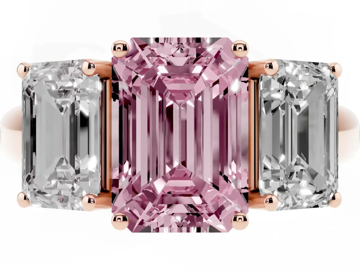 Fancy Pink Three-Stone Emerald Cut Diamond Engagement Ring with Prong Setting Rose gold