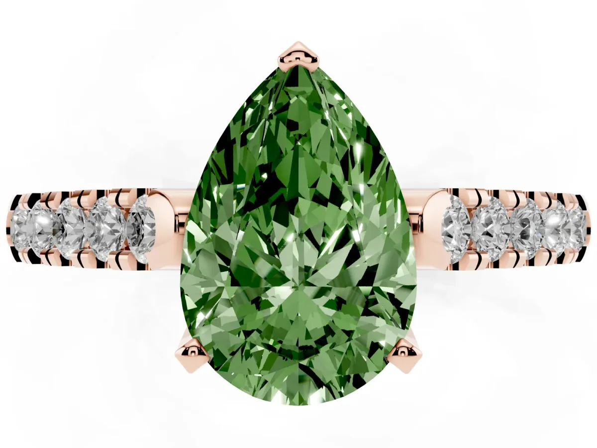 Fancy Green Pear Cut Diamond Pavé Band Solitaire Ring with Prong Setting Rose gold