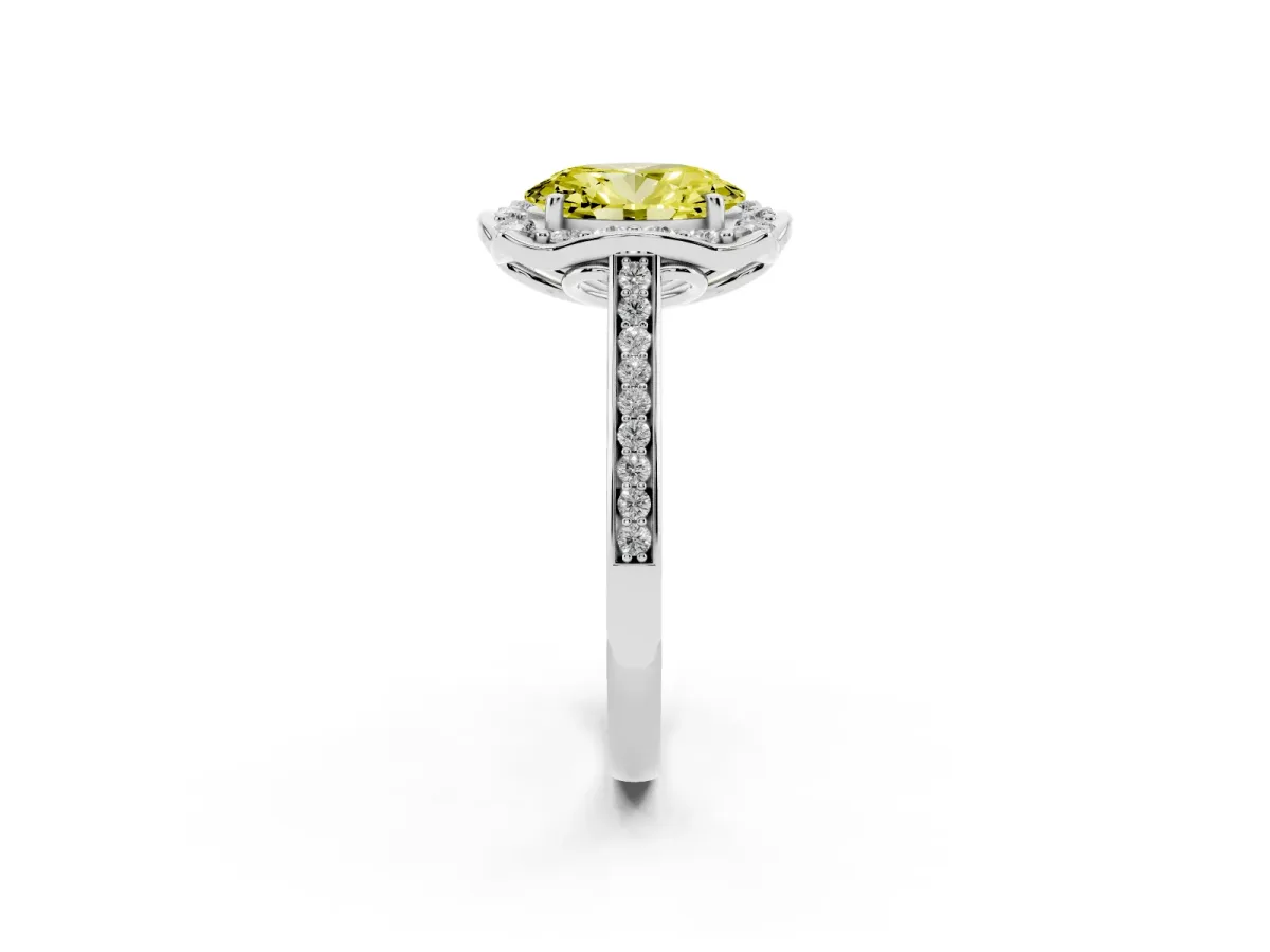 Fancy Yellow Oval Cut Halo Round Diamond Pave Band with Four-Prong Setting Silver
