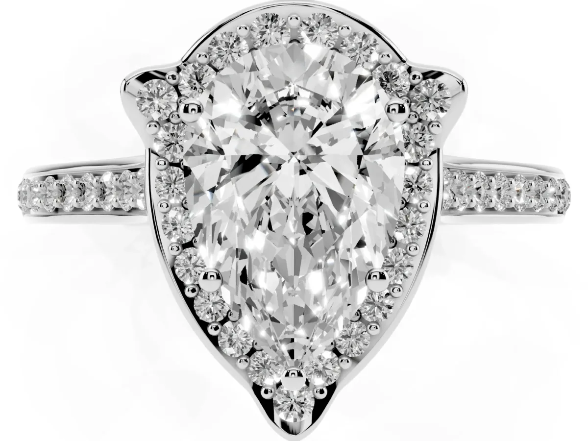 Pear Cut Halo Round Diamond Pave Band with Four-Prong Setting Silver