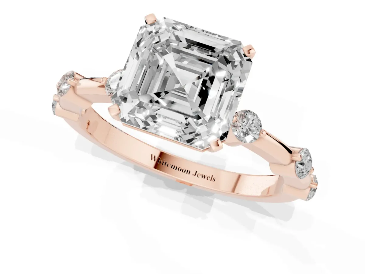 Asscher Cut Solitaire Diamond Ring with Bezel Set Side Stones and Prong Setting Rose gold