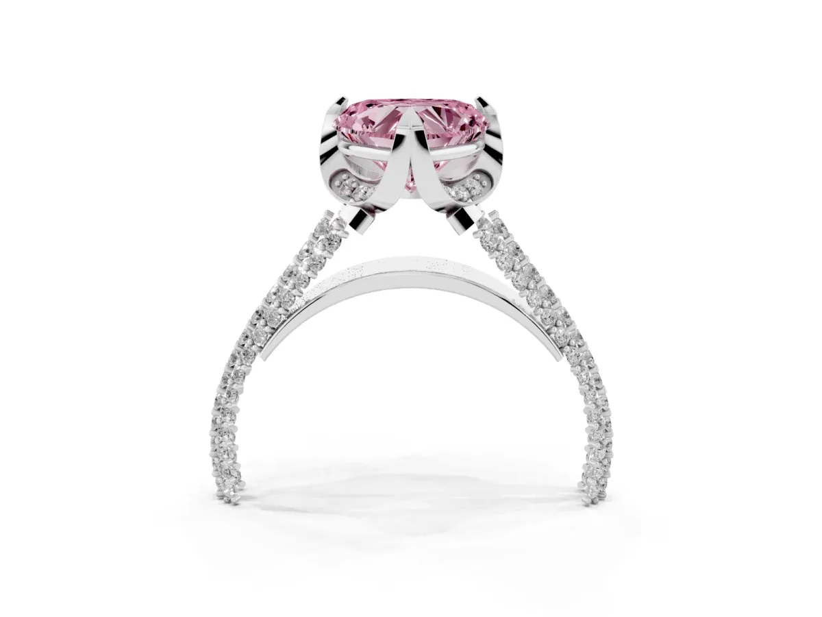 Fancy Pink Heart Cut Solitaire Pave Split Shank Ring with Four-Prong Setting Silver