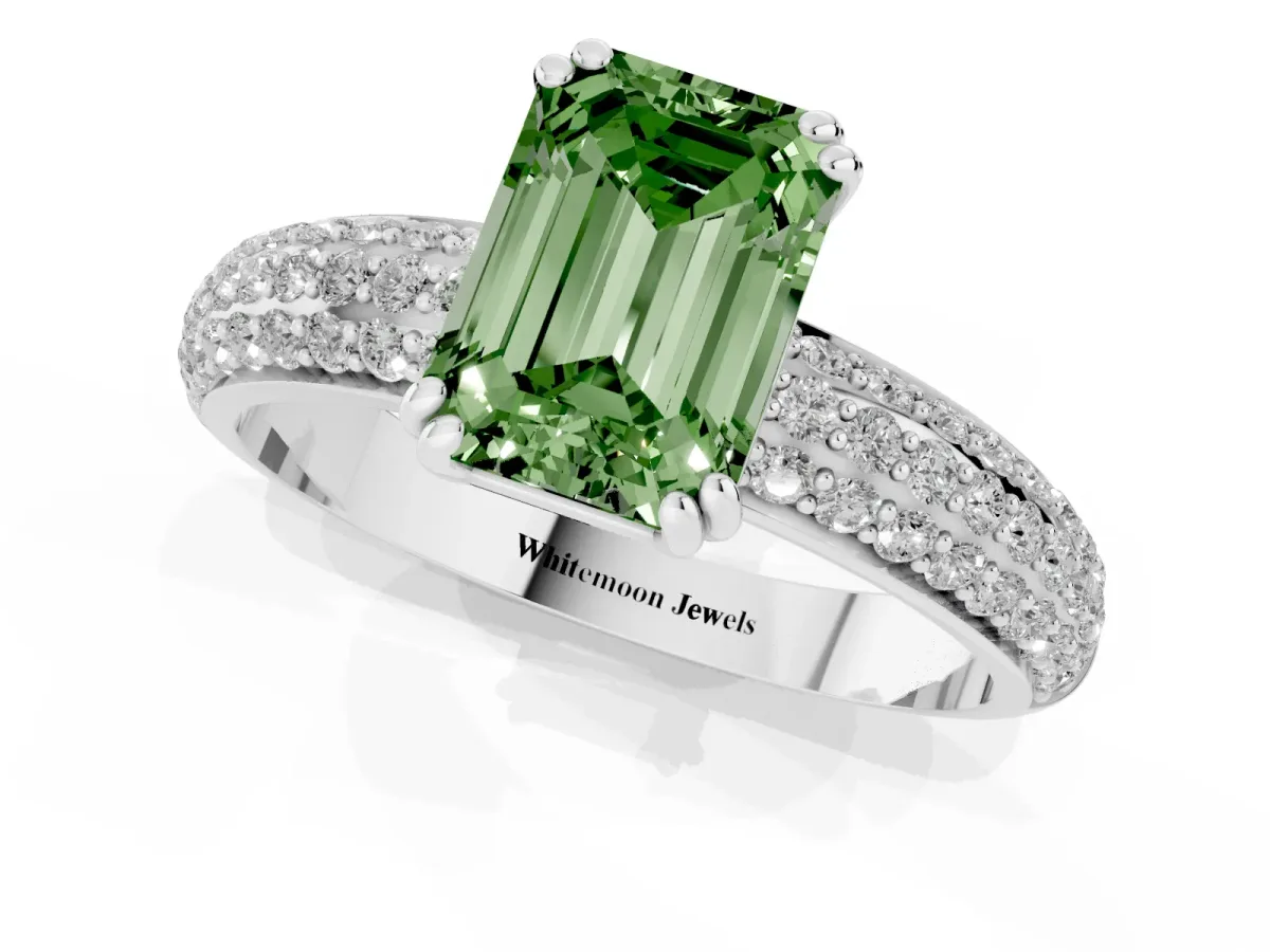 Fancy Green Emerald Cut Diamond Solitaire Ring with Multi-Row Round Pavé Band and Prong Setting Silver