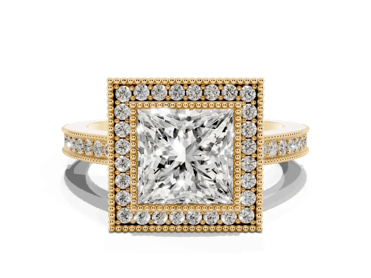 Princess Cut Cut Halo Pavé Diamond Ring Yellow gold