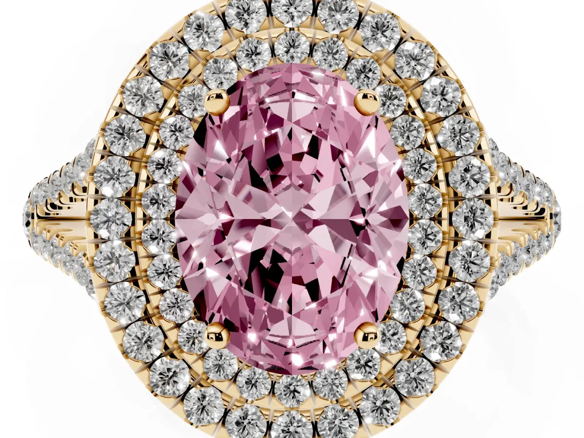 Fancy Pink Oval Cut Diamond Double Halo Ring with Pavé Band and Prong Setting Yellow gold