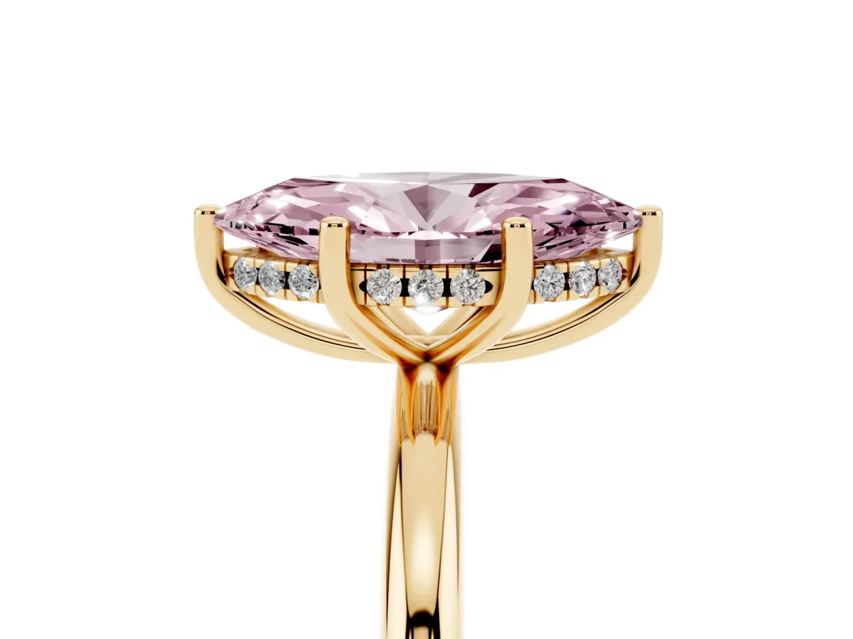 Fancy Pink Marquise Cut Cut Solitaire Engagement Ring with Four-Prong Setting and Classic Band Yellow gold