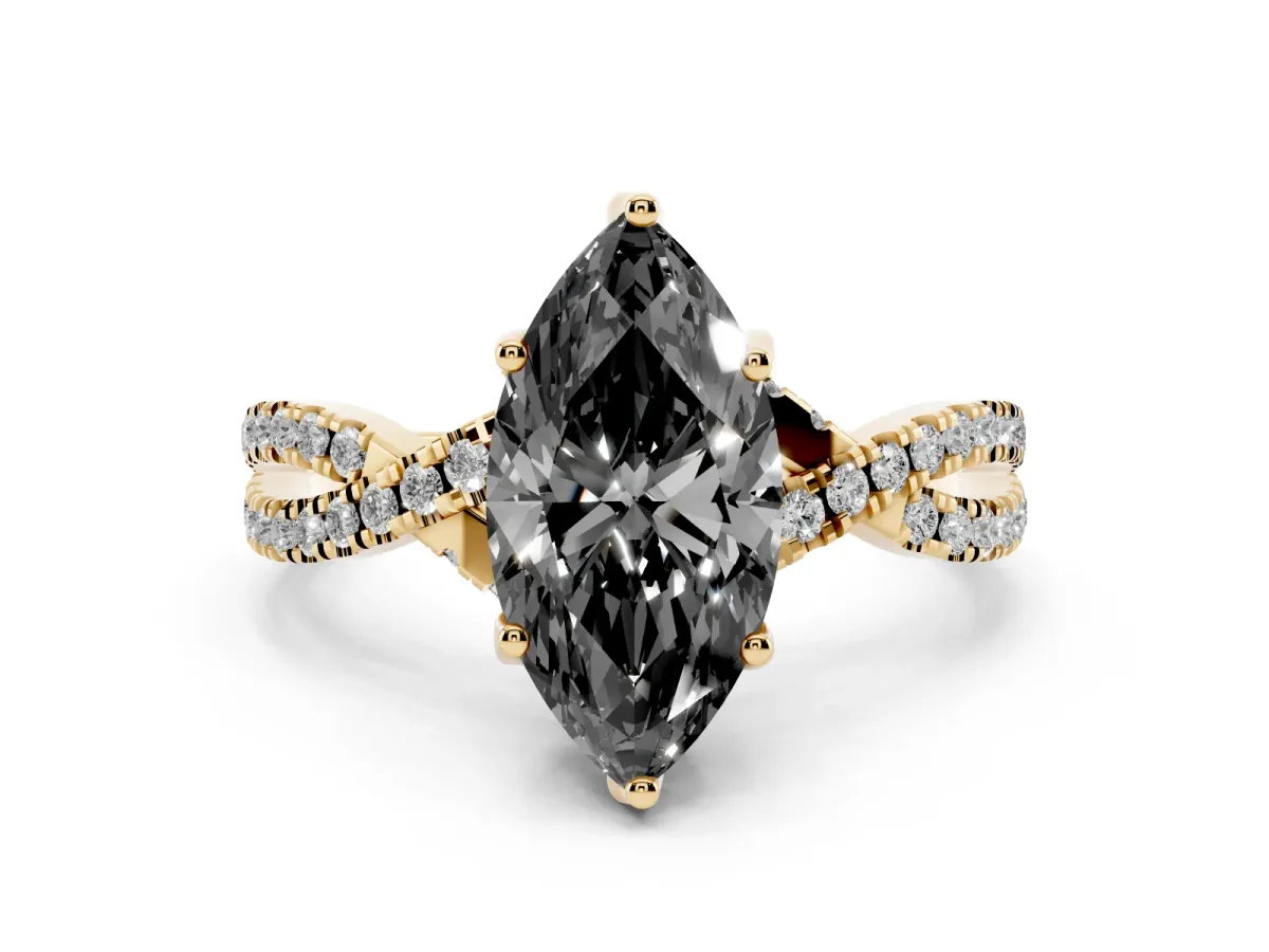 Fancy Black Marquise Cut Solitaire Twist Pave Diamond Engagement Ring with Prong Setting Yellow gold