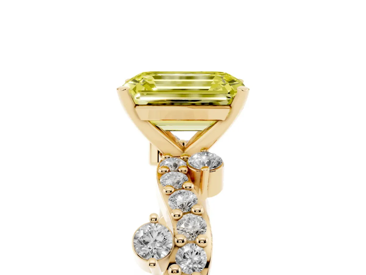 Fancy Yellow Emerald Cut Cut Solitaire Diamond Twisted Band with Pave Setting Yellow gold