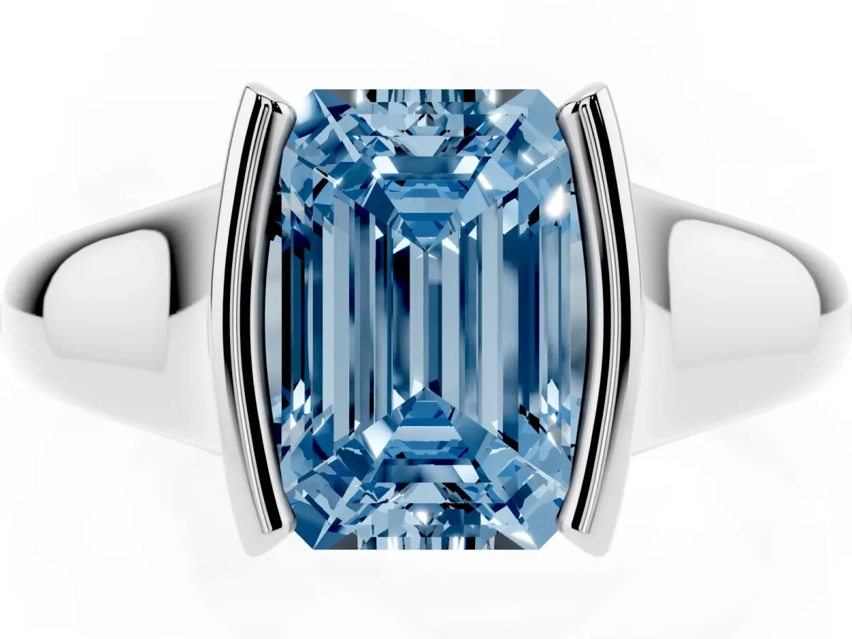 Fancy Blue Emerald Cut Solitaire Tension Set Diamond Ring with Split Shank Band Silver