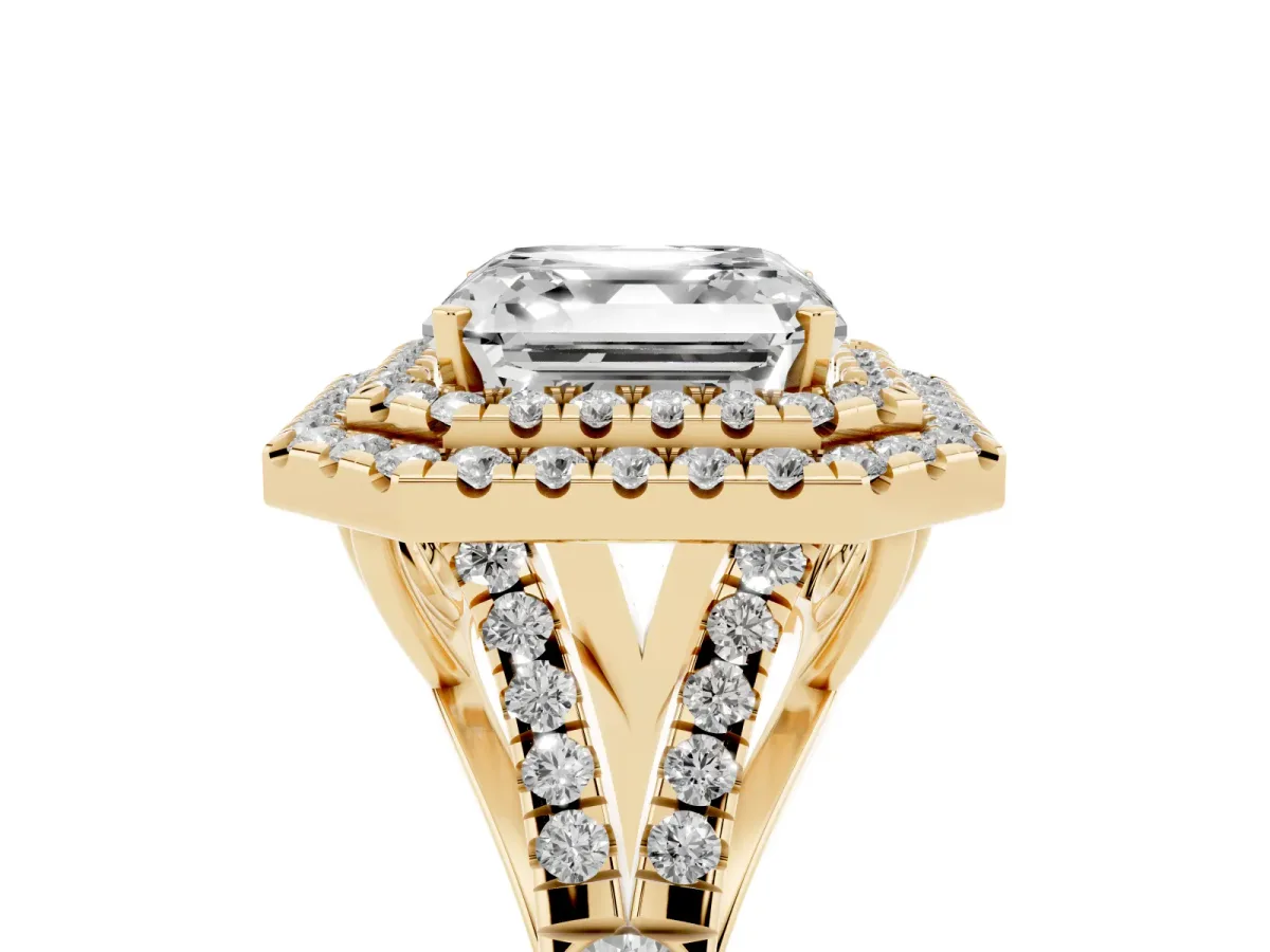 Asscher Cut Diamond Pavé Split Shank Double Halo Engagement Ring Yellow gold