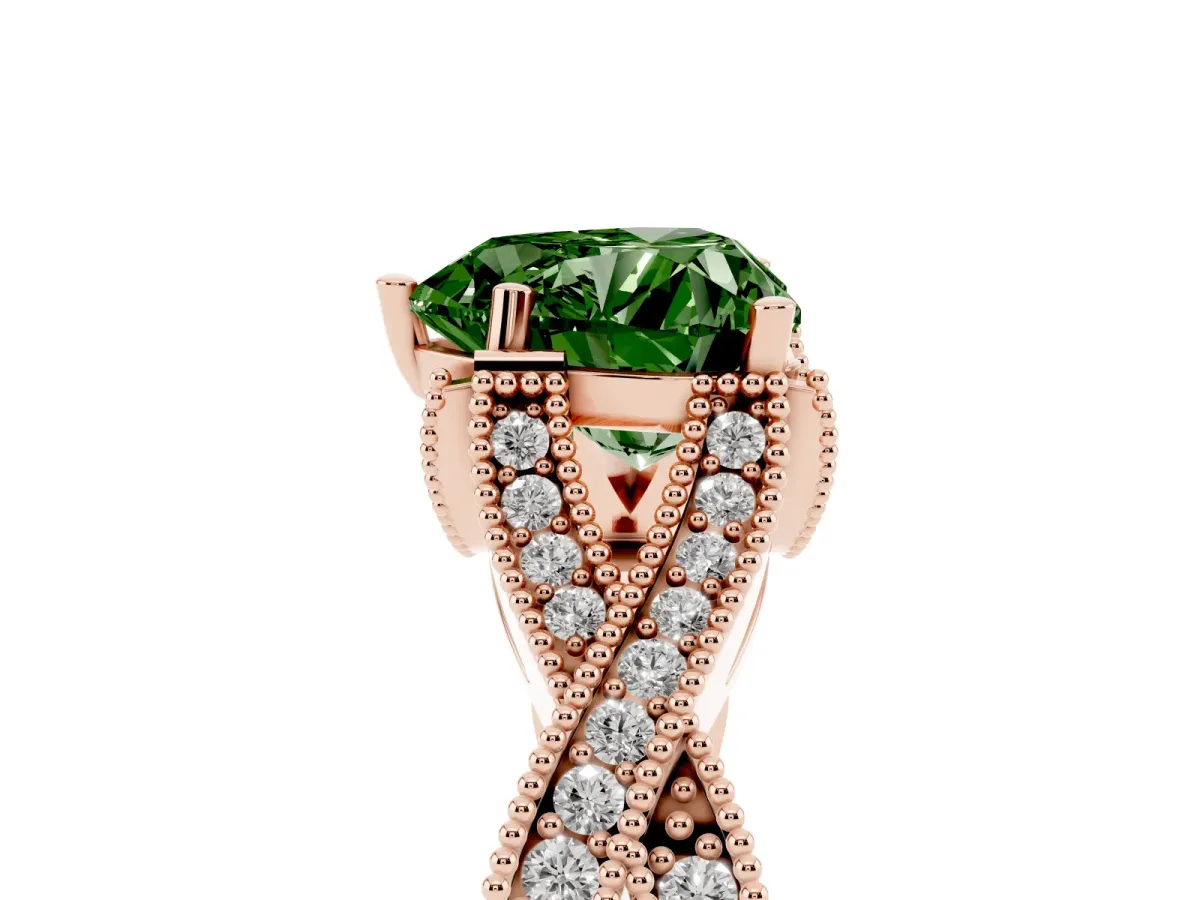 Fancy Green Heart Cut Cut Diamond Twisted Band with Milgrain Pave Setting and Four-Prong Setting Rose gold