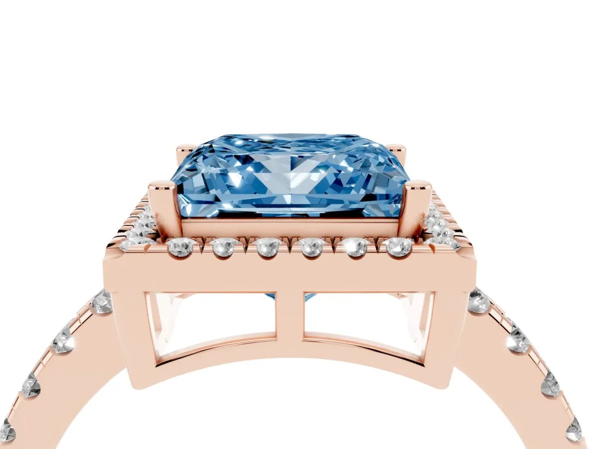Fancy Blue Princess Cut Diamond Halo Ring with Pavé Band and Four-Prong Setting Rose gold